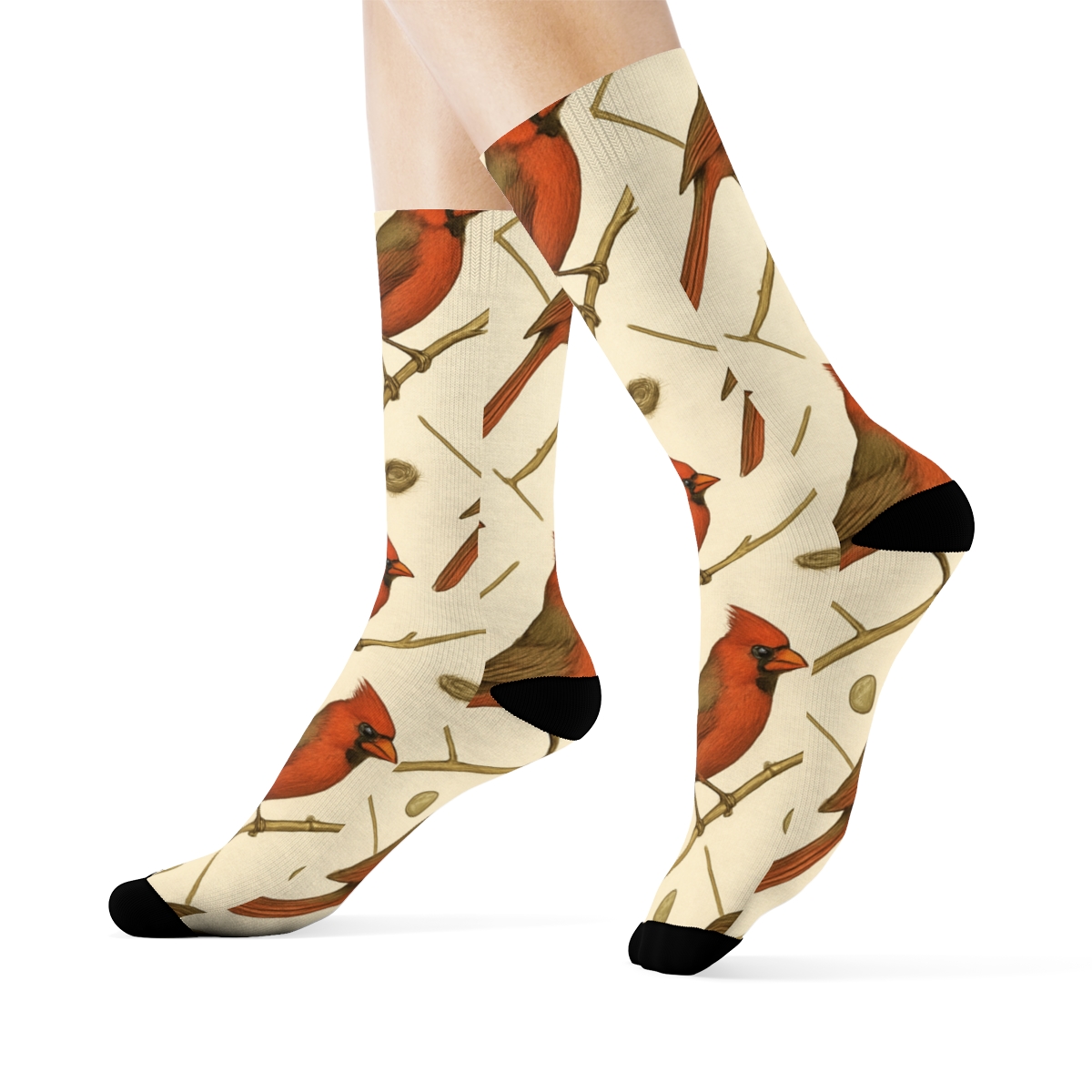 Vintage Cardinal Perch Lattice On Warm Cream designer printed crew socks