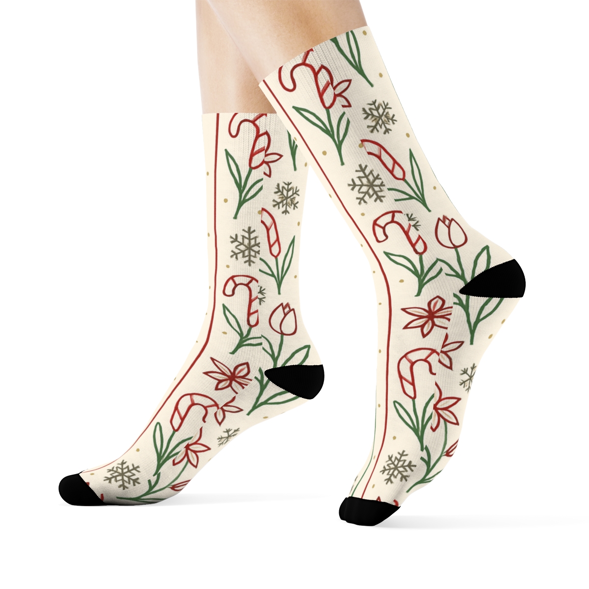 Candy Cane Tulip Stripe Scatter On Warm Ivory Background premium sports crew socks
