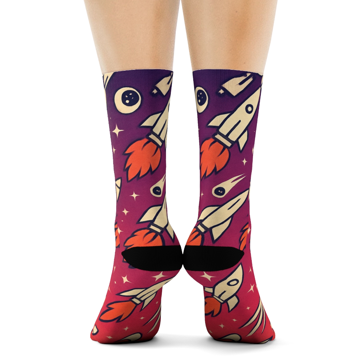 Retro Futurism Rocket Chevron Grid On Cosmic Purple Gradient soft everyday crew socks