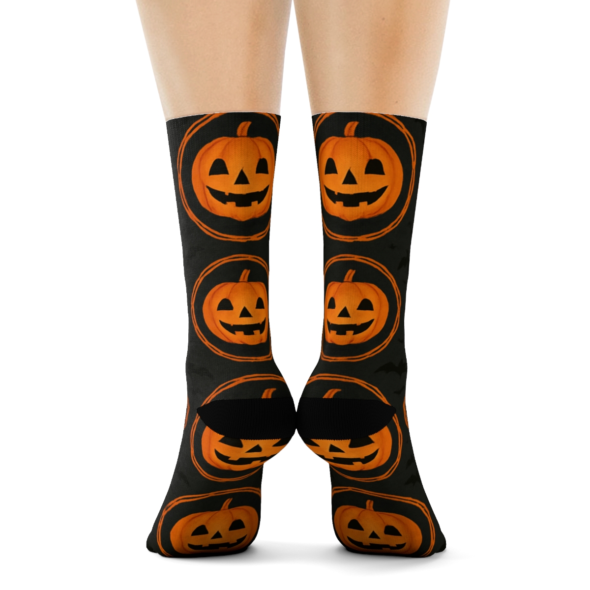 Orange Jack O Lantern Medallion Tiles On Black Background trendy patterned crew socks