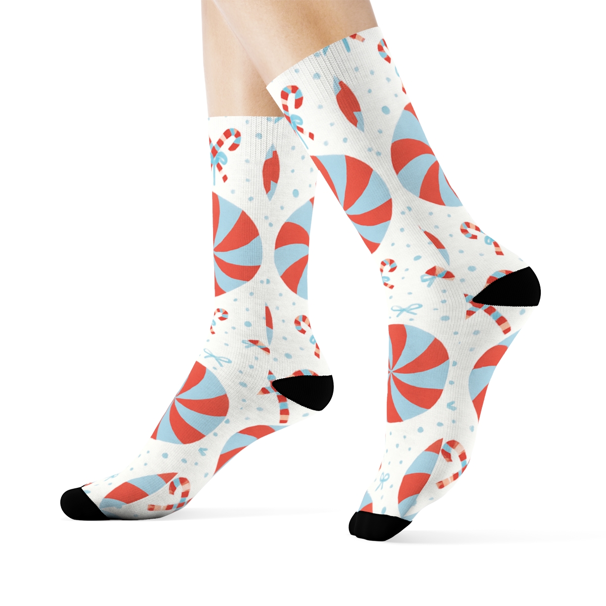 Peppermint Swirl Array With Candy Canes designer printed crew socks