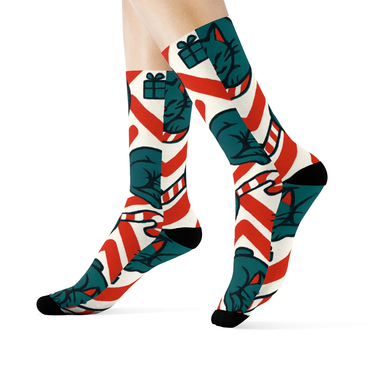 Candy Cane Cat Chevron premium sports crew socks