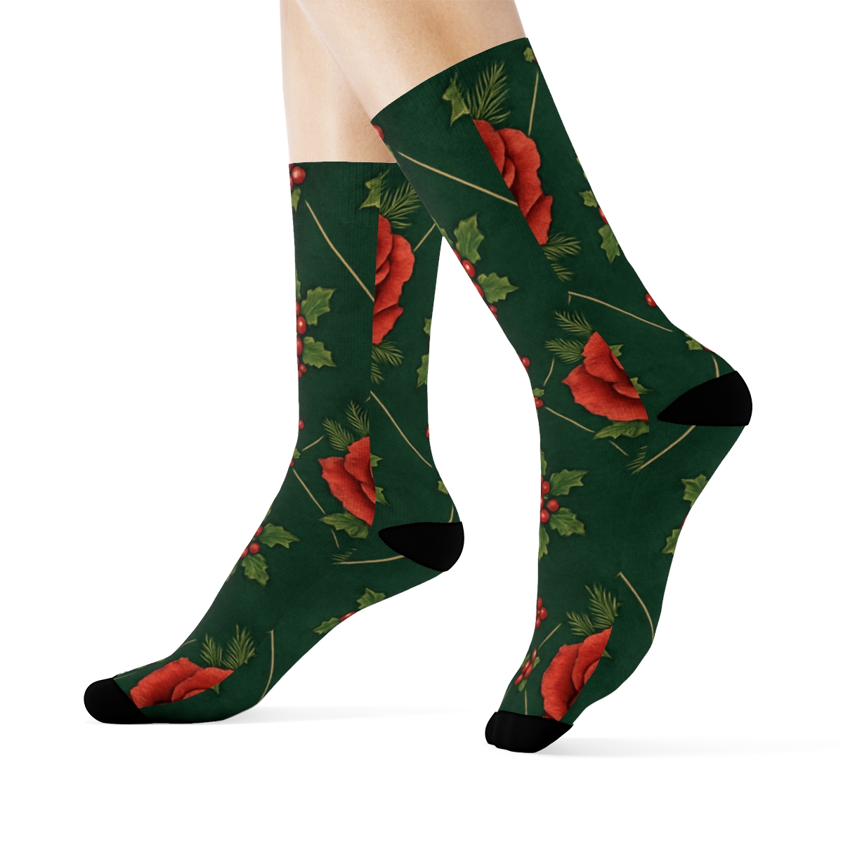 Crimson Rose Ornament Lattice On Deep Green Background personalized crew socks