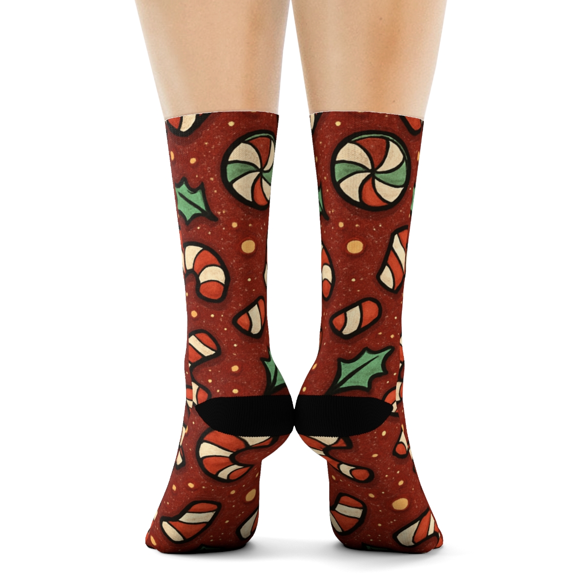 Candy Canes Confetti Scatter On Deep Red Field unique graphic crew socks