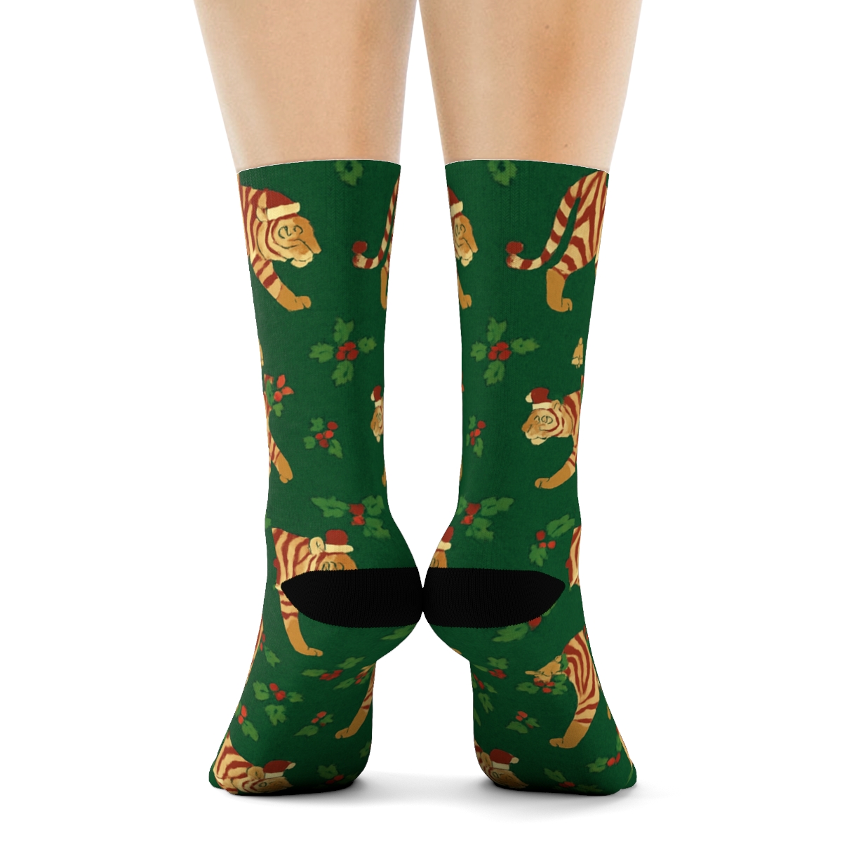 Candy Cane Tiger Chevron On Deep Pine Green Background trendy patterned crew socks