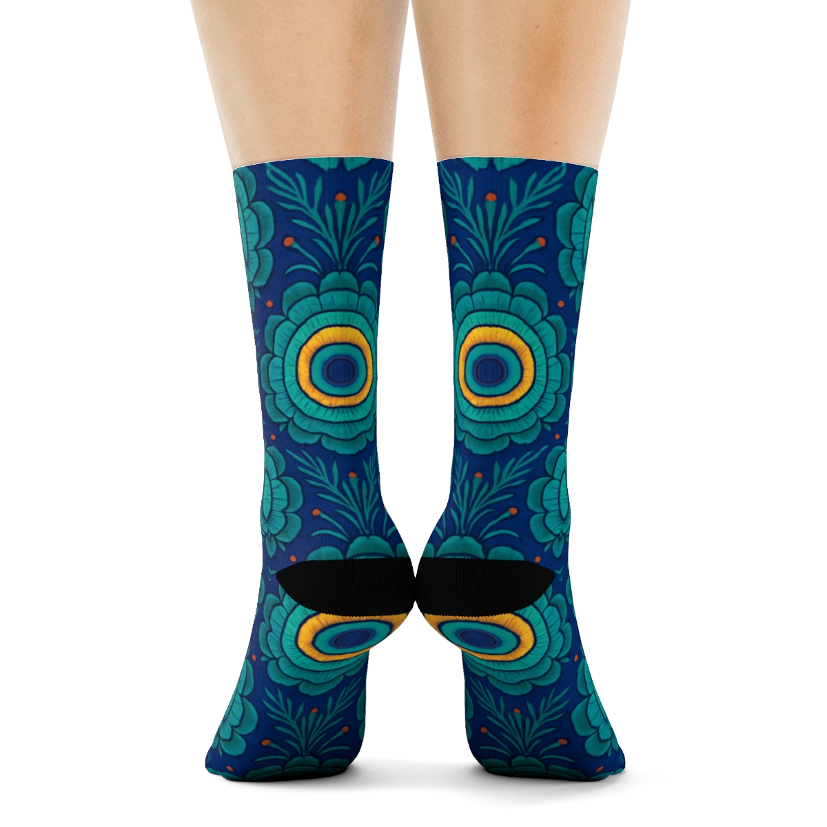 Peacock Tail Eye Spot Concentric Medallions On Navy Blue Background comfortable cotton crew socks
