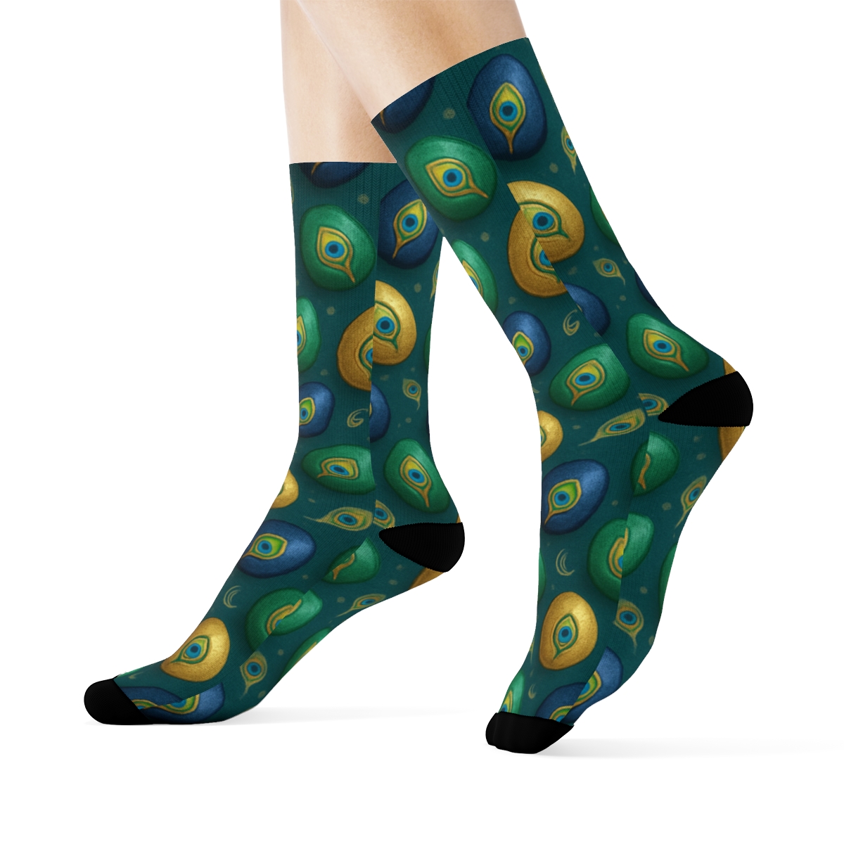 Peacock Egg Galaxy Dots On Rich Teal designer printed crew socks