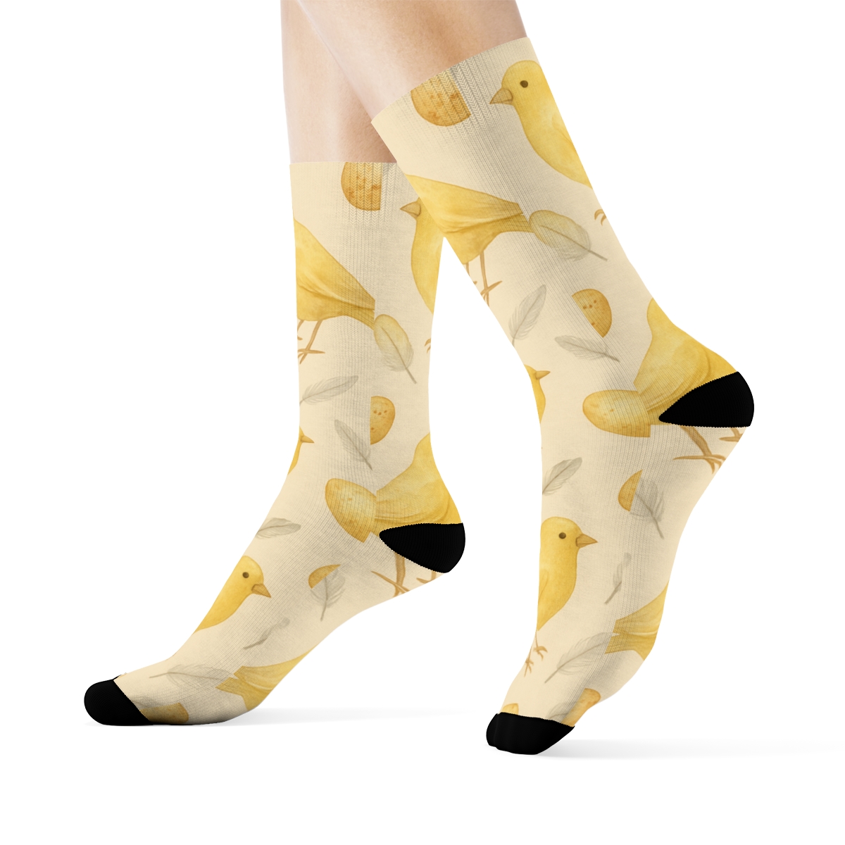 Golden Canary Egg Scatter On Beige Background trendy patterned crew socks