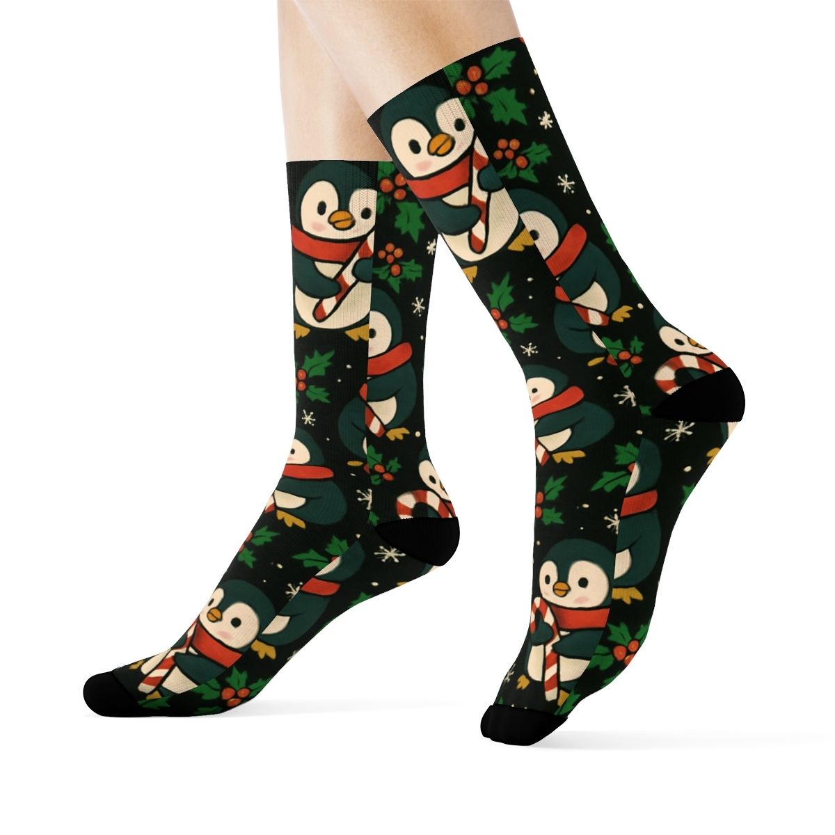 Emerald Penguin Candy Cane Tessellation On Black Background designer printed crew socks
