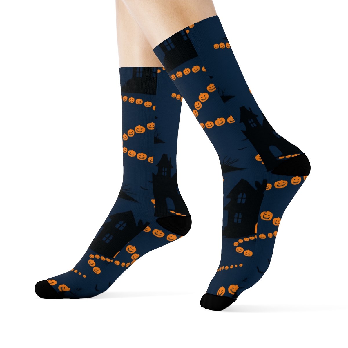 Haunted House Silhouette And Pumpkin Path On Deep Navy Background trendy patterned crew socks