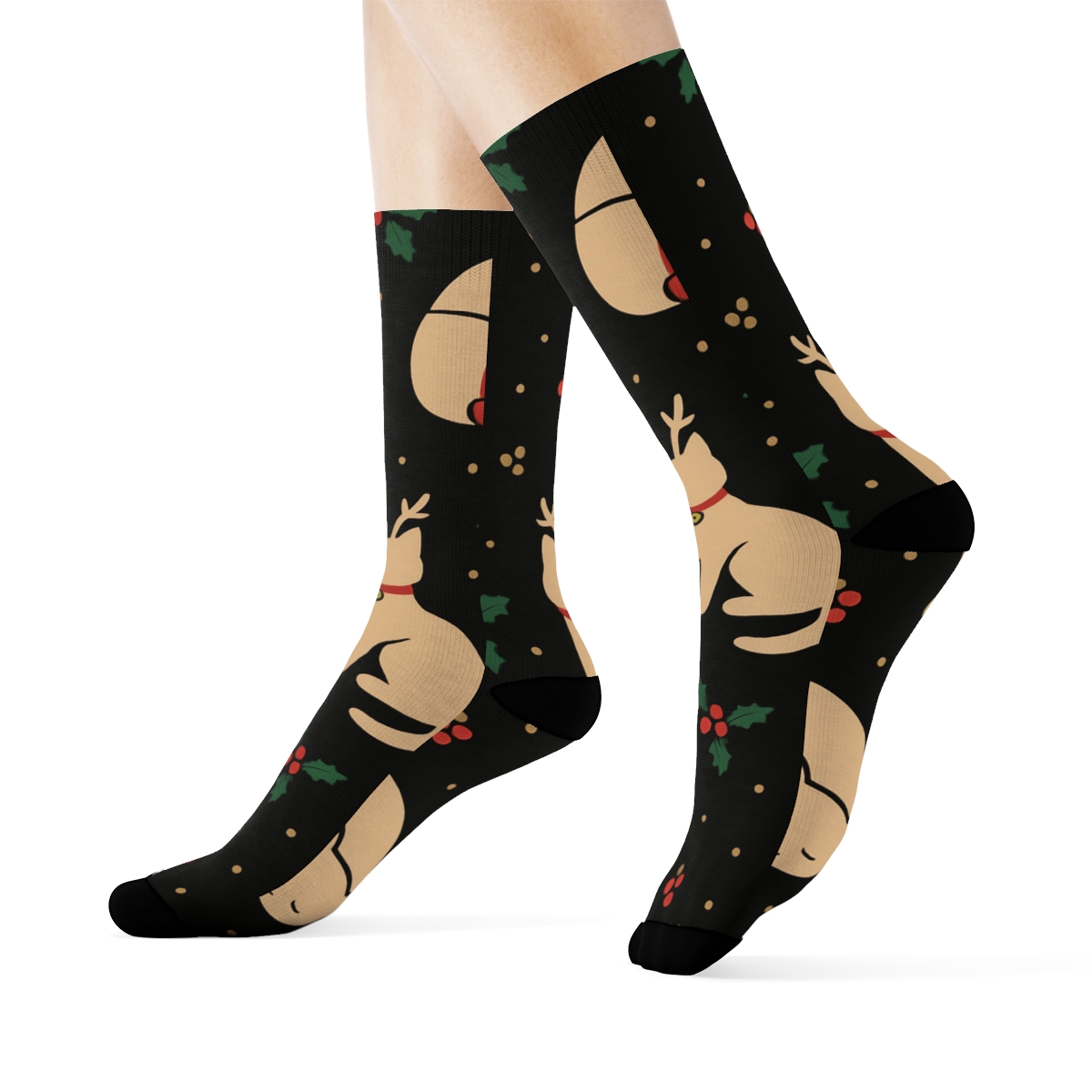 Minimalist Reindeer Cats Silhouette Lattice On Black Background comfortable cotton crew socks