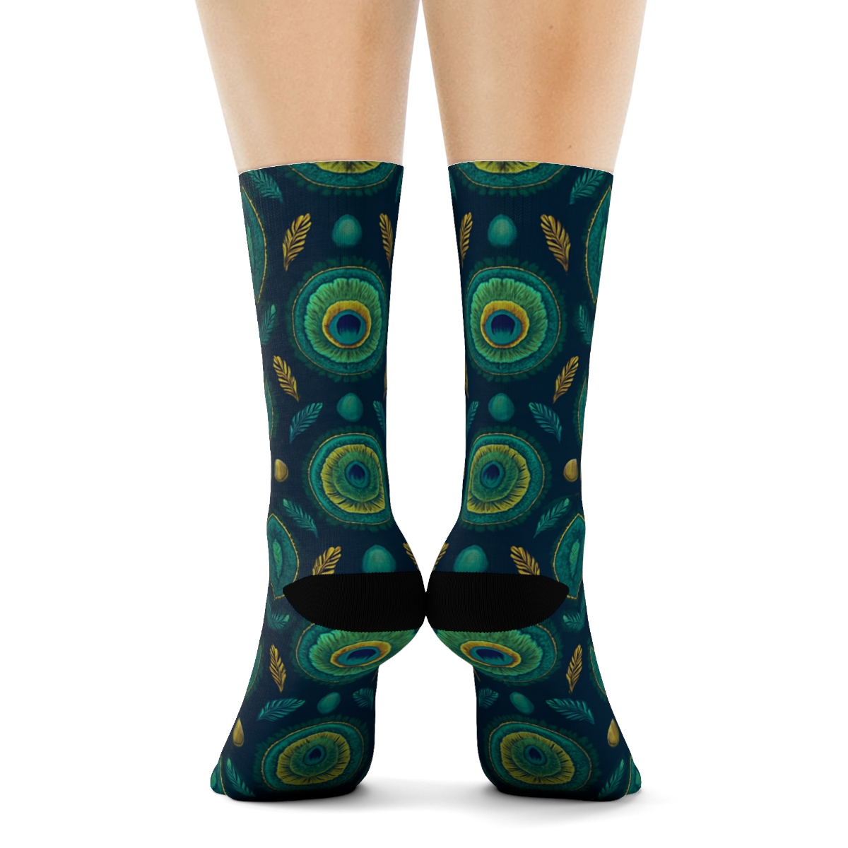 Peacock Eye Feather Medallion Grid On Midnight Navy Background custom crew socks
