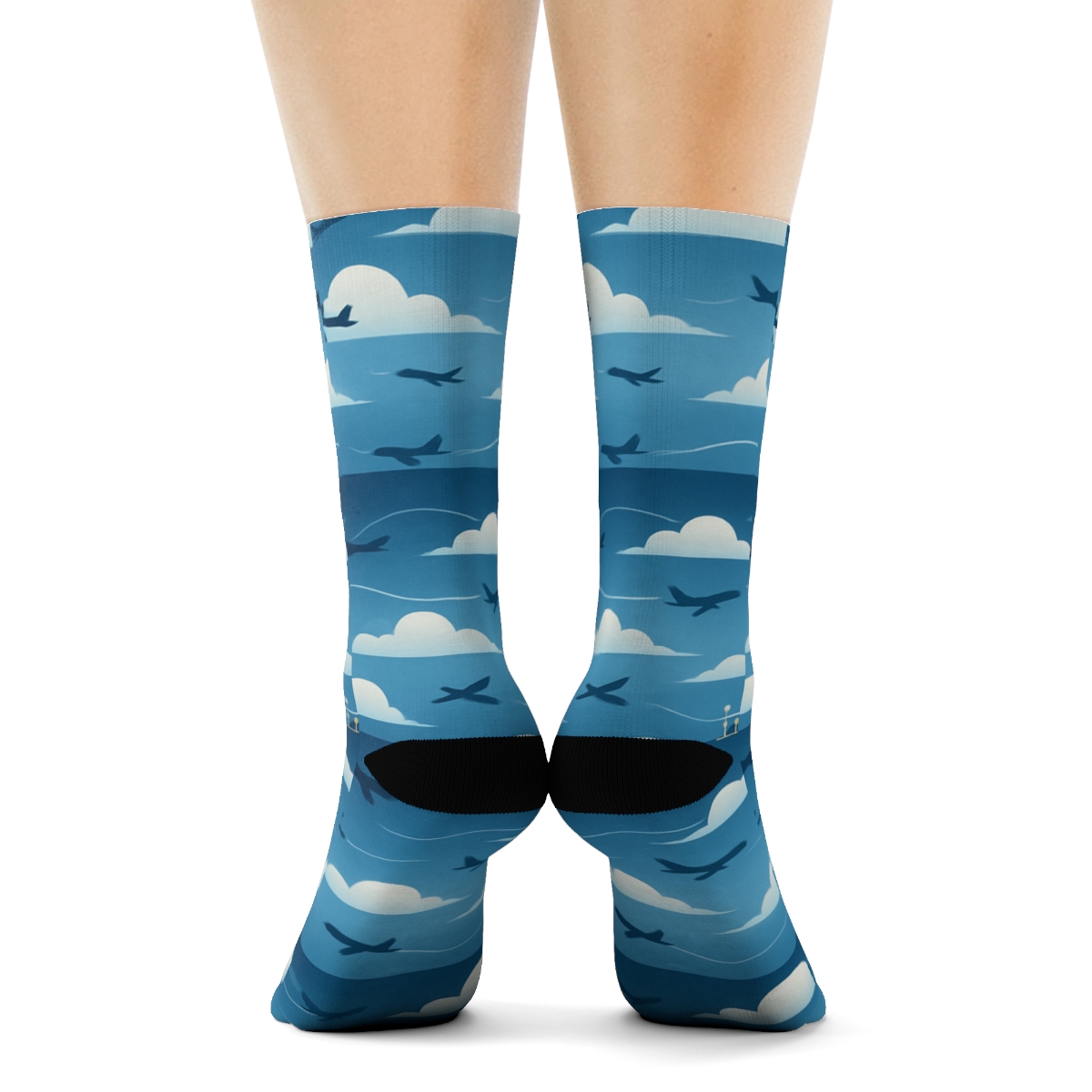 Airplane Tower And Cloud Border Wrap On Navy Gradient designer printed crew socksAirplane Tower and Cloud Border Wrap on Navy Gradient Crew Socks - Image 4
