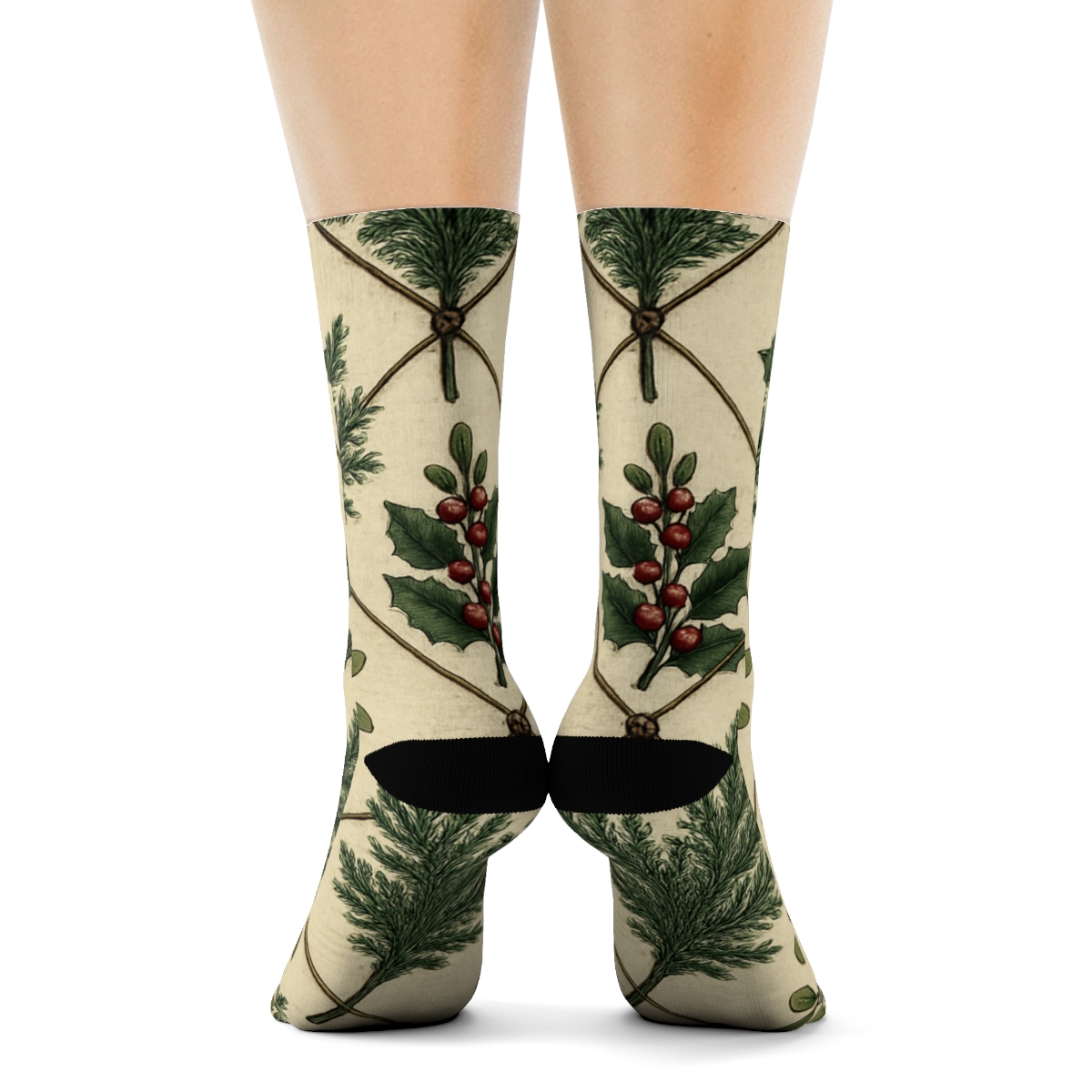 Vintage Botanical Poster Look With Evergreen Branches Garland Lattice custom crew socks
