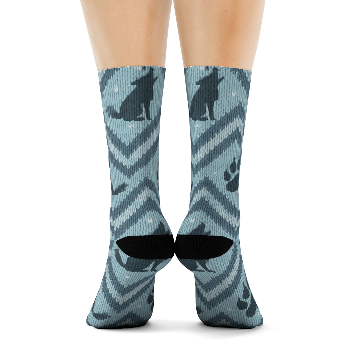 Gray Wolf Paw Print Chevron On Icy Blue trendy patterned crew socks