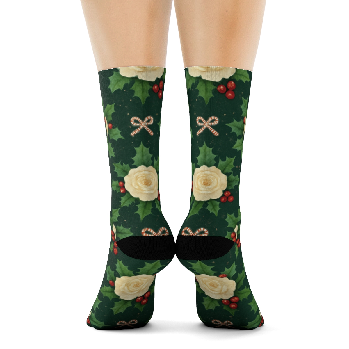 Holly Rose Ribbon Lattice On Midnight Green Background premium sports crew socks