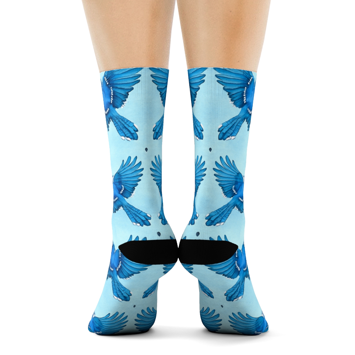 Sky Blue Jay Flight Mirror On Pale Blue Background custom crew socks