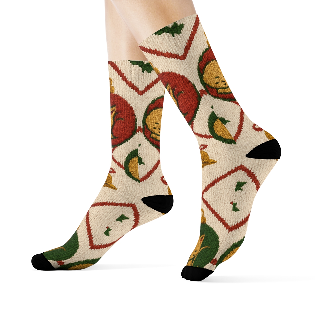 Crimson Knitted Kittens Ornament Lattice On Ivory Background premium sports crew socks