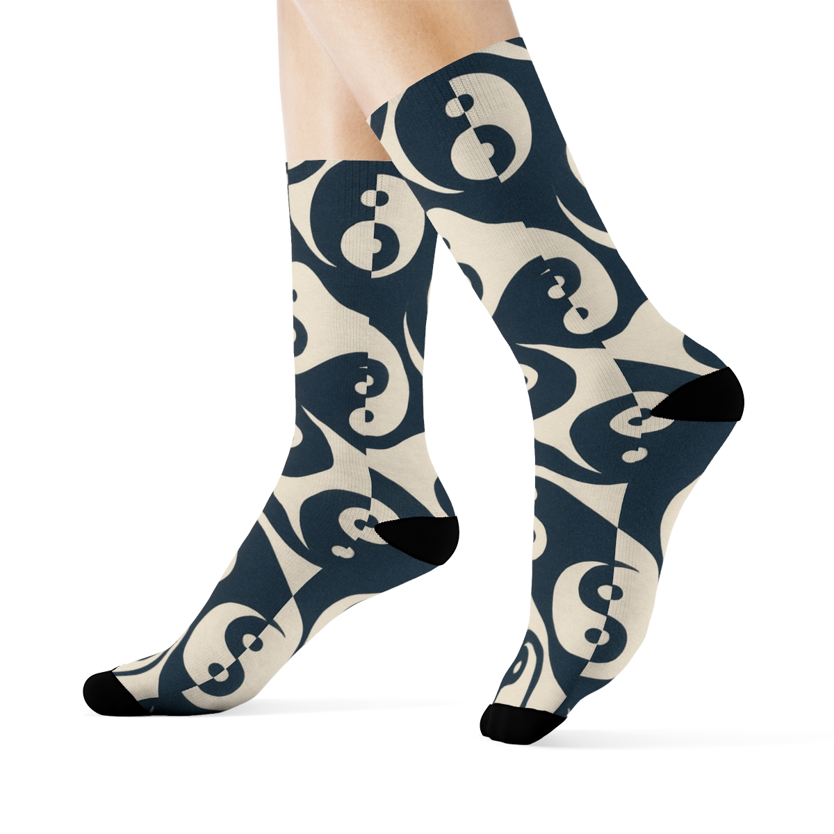 Indigo Cream Wave Tile Taijitu Field stylish athletic crew socksIndigo Cream Wave Tile Taijitu Field Crew Socks - Image 3