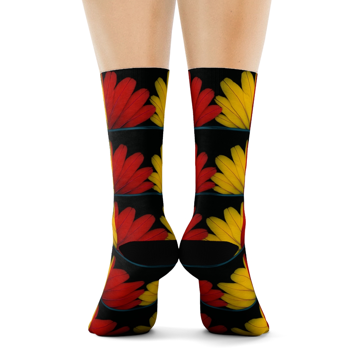 Crimson Macaw Feather Fan Bands On Black trendy patterned crew socks