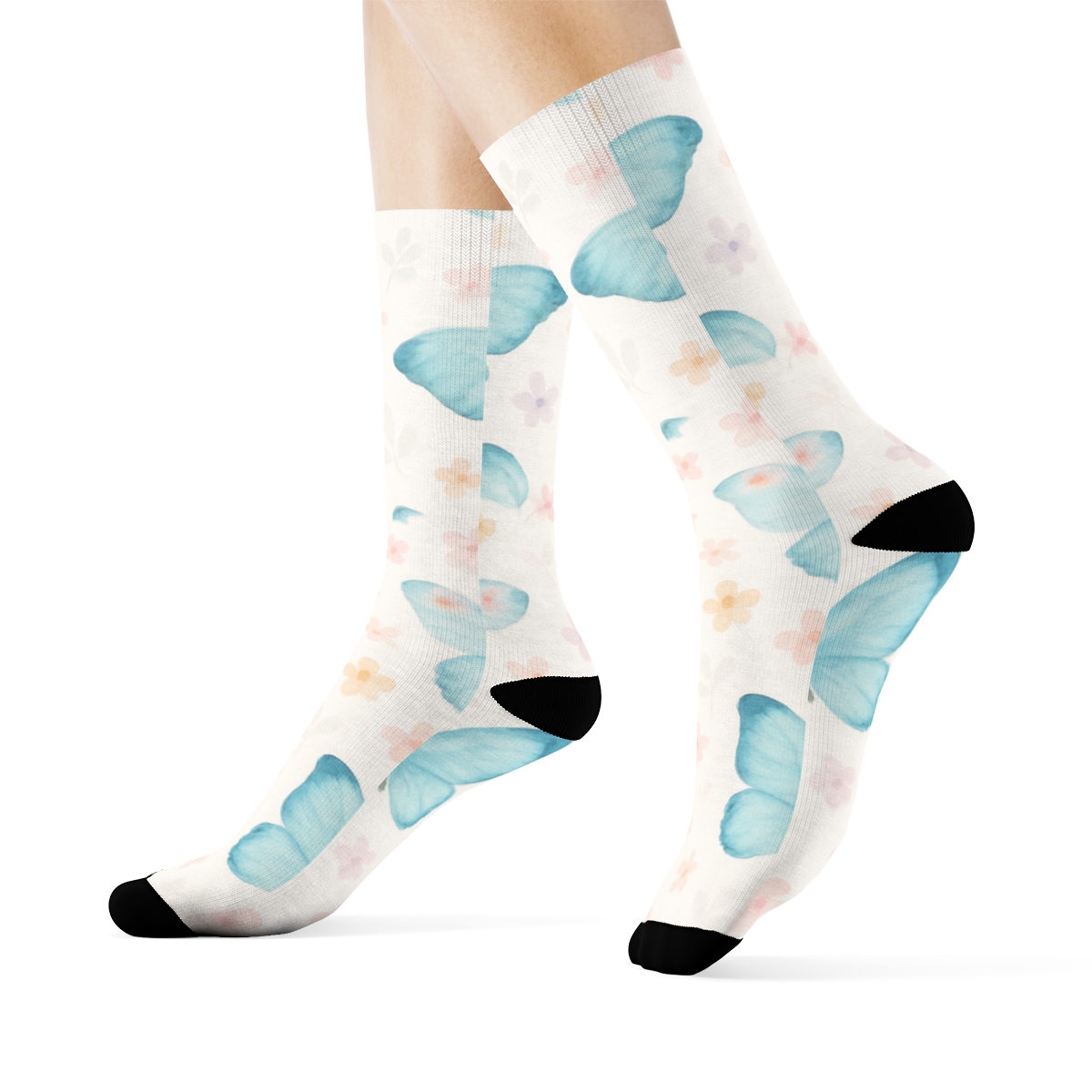 Pastel Blue Morpho Meadow Wrap designer printed crew socks