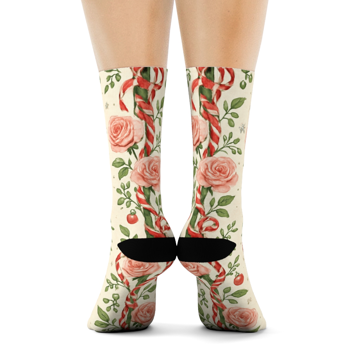 Candy Cane Rose Vines Stripe Repeat On Warm Ivory Background designer printed crew socks