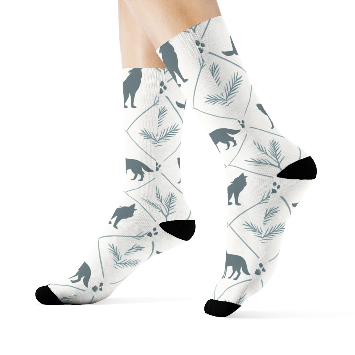 Moonlit Forest Tile With Gray Wolf Silhouettes custom crew socks