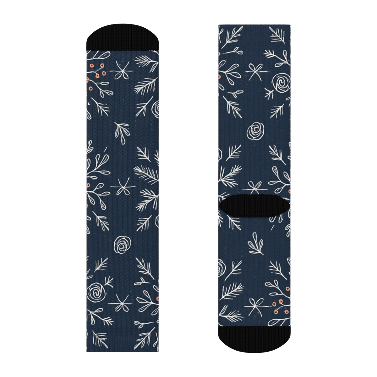 White Mistletoe Linework Snowflake Grid On Midnight Blue Background personalized crew socks