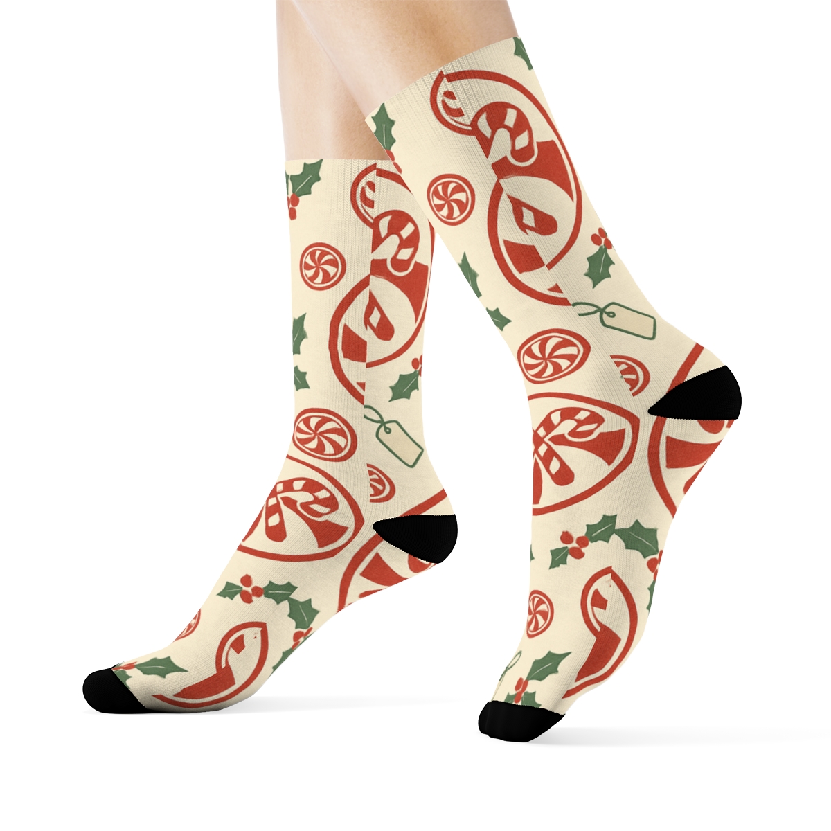Peppermint Medallions With Candy Canes In Vintage Grid personalized crew socks