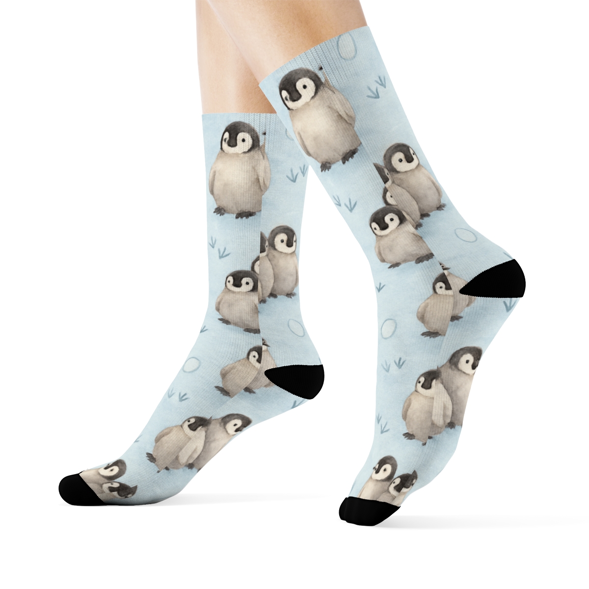 Penguin Chick Cluster Grid On Ice Blue personalized crew socks