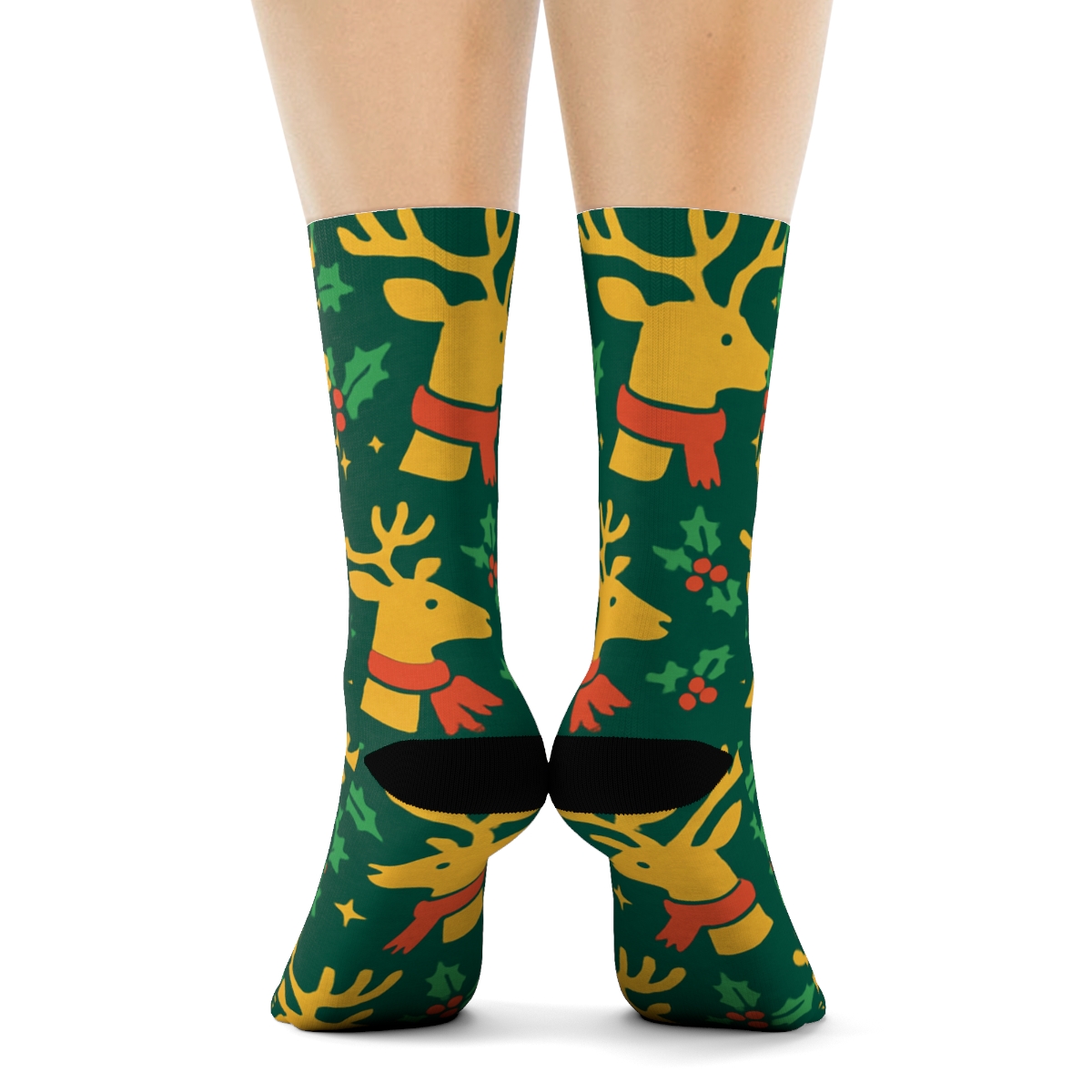 Jolly Reindeer Grid On Evergreen Background designer printed crew socks