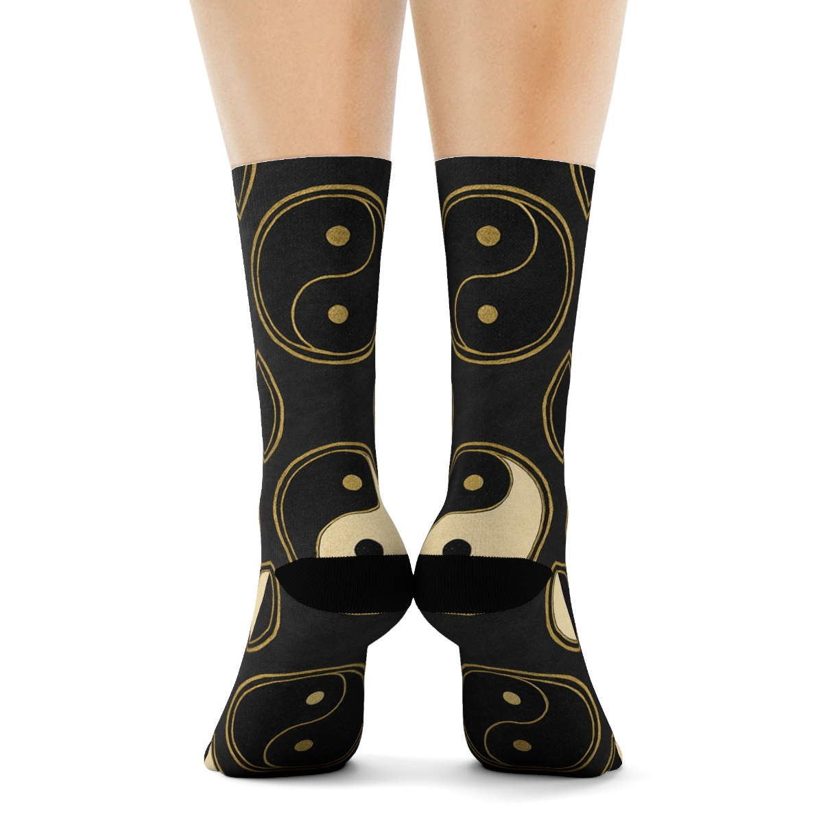 Gold Inlay Taijitu Medallion Tiles On Charcoal Satin unique graphic crew socksGold Inlay Taijitu Medallion Tiles on Charcoal Satin Crew Socks - Image 4
