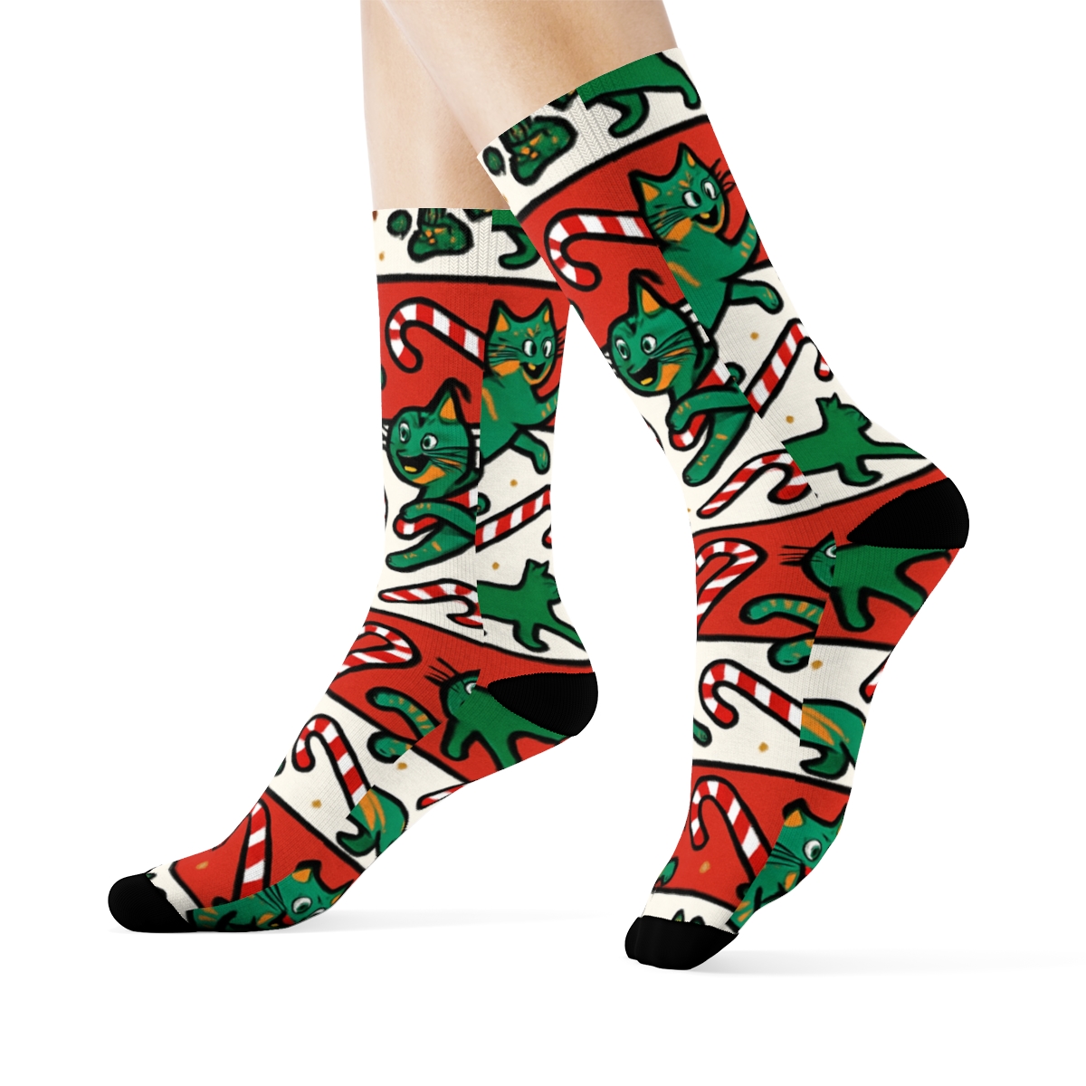 Candy Cane Cat Paw Stripe Bands On White Background soft everyday crew socks