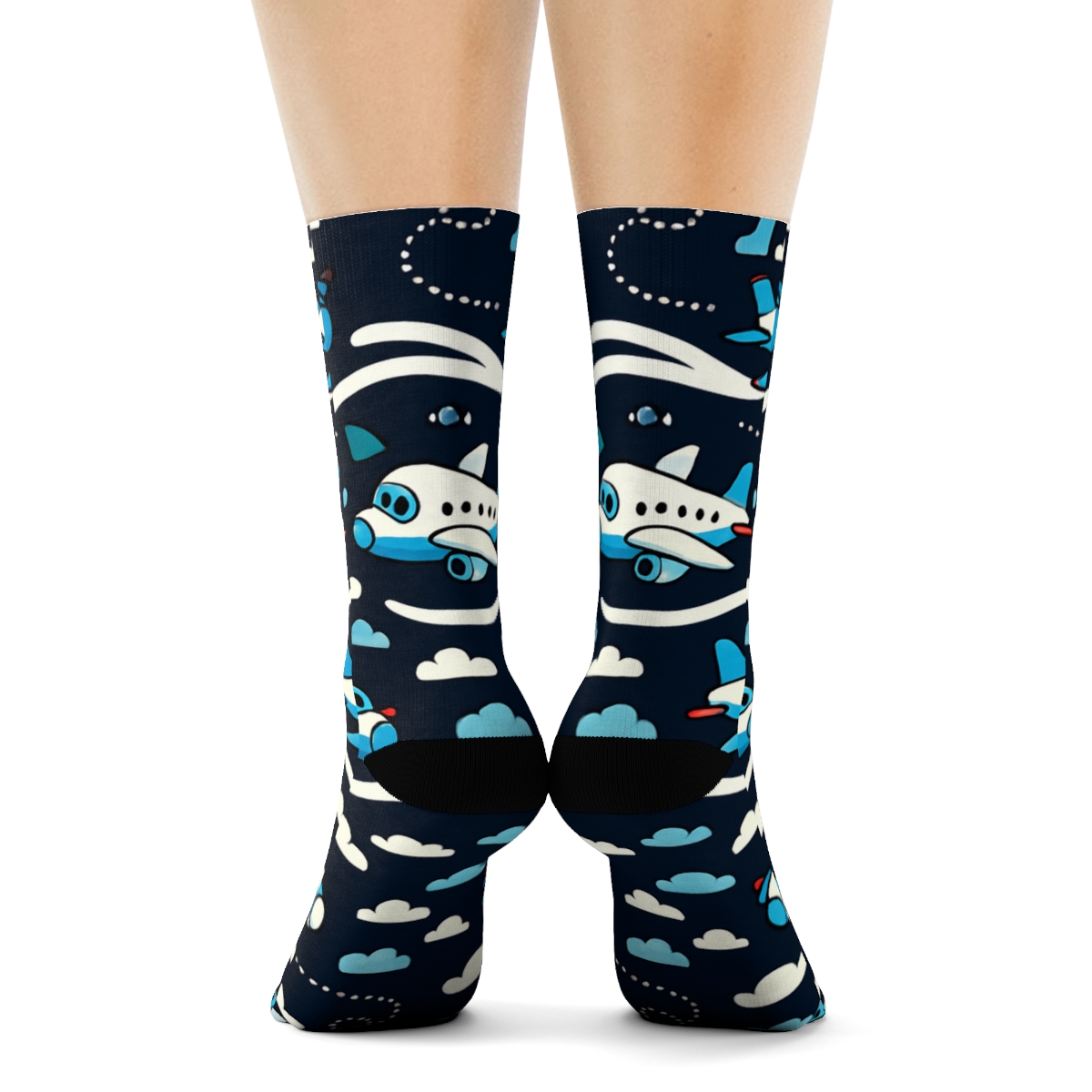 Airplane Contrail Ribbon Bands On Midnight Navy designer printed crew socks
