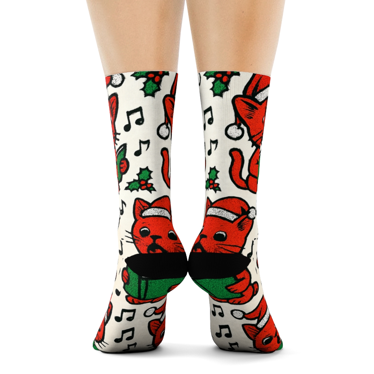 Scarlet Caroling Kittens Grid trendy patterned crew socks