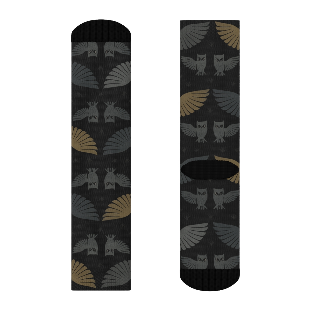 Midnight Owl Flight Mirror Array On Black Background designer printed crew socks