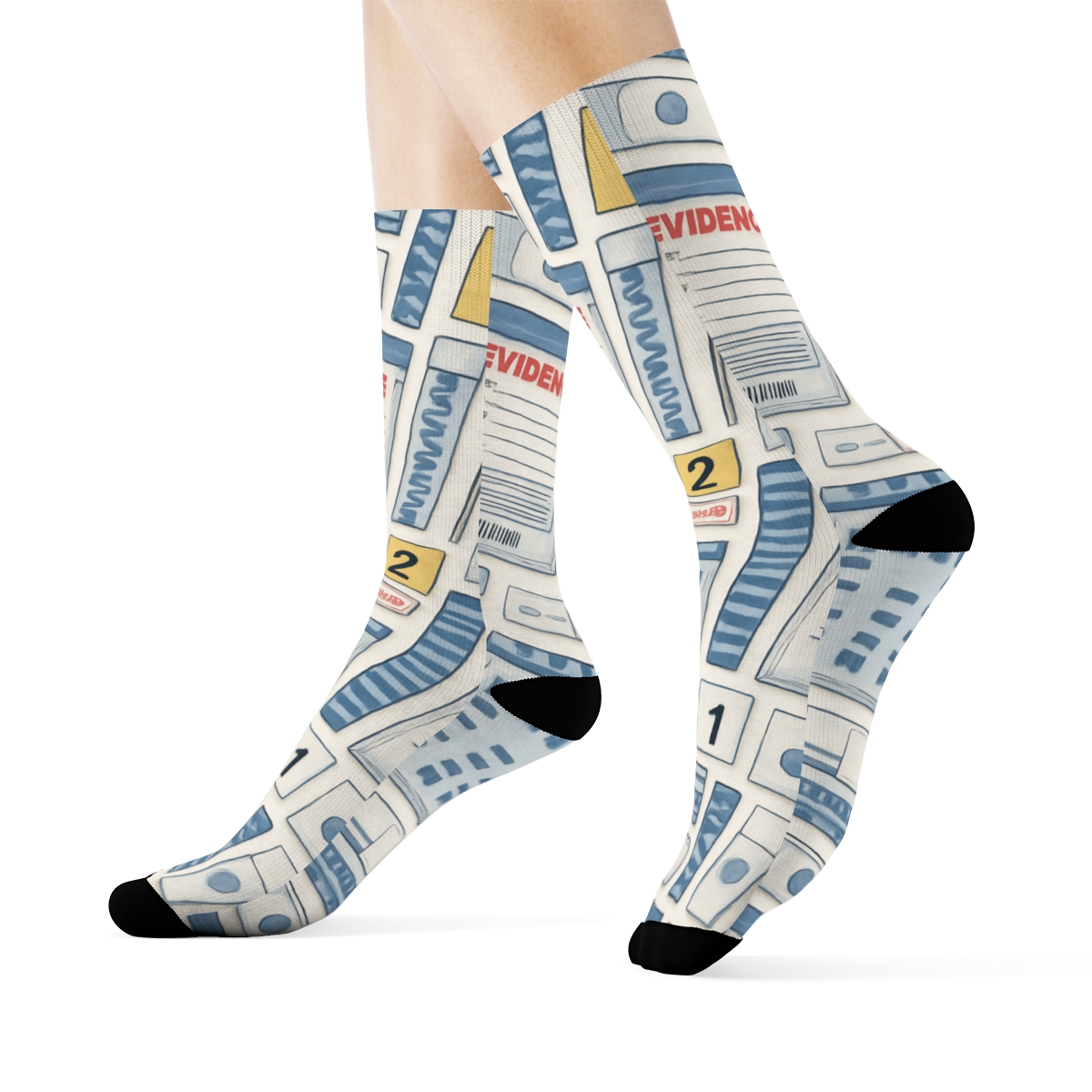 Evidence Collage Pattern With Forensic Scientist Spotlight trendy patterned crew socks