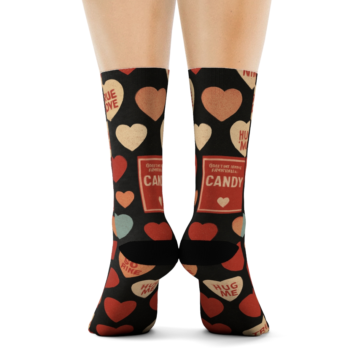 Vintage Candy Packaging Look With Valentines Candy Heart Accents designer printed crew socks