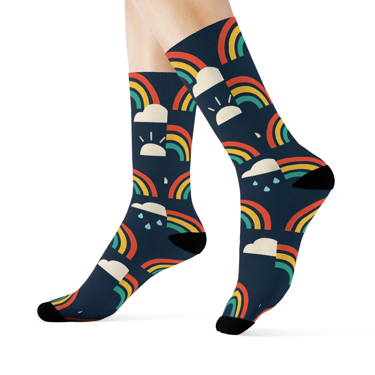 Minimal Rainbow Skyline Tiles On Deep Night Blue trendy patterned crew socks