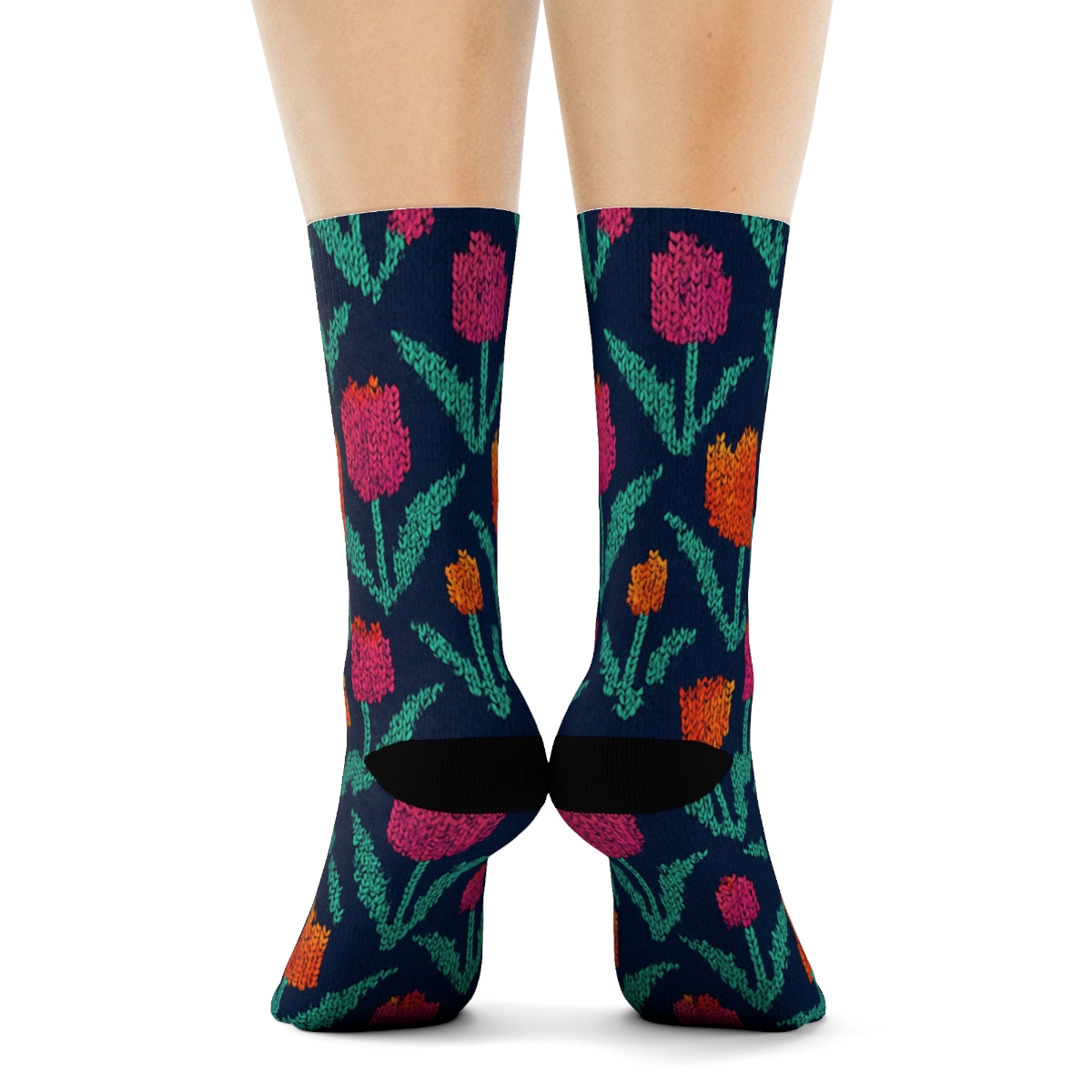 Sunset Tulip Knit Chevron On Navy Blue Background trendy patterned crew socks