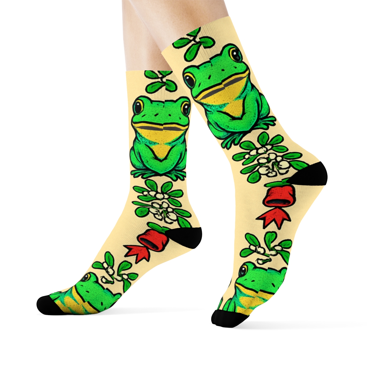 Frog Mistletoe Mirror Pairs On Beige Background premium sports crew socks
