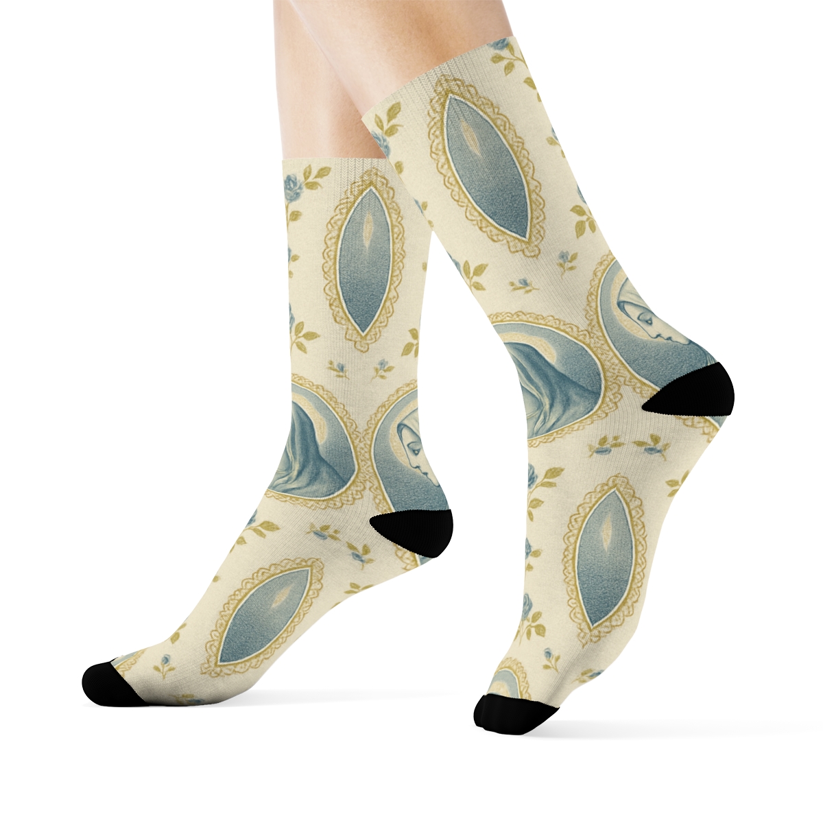 Mary Cameo Grid On Linen Cream Background personalized crew socks