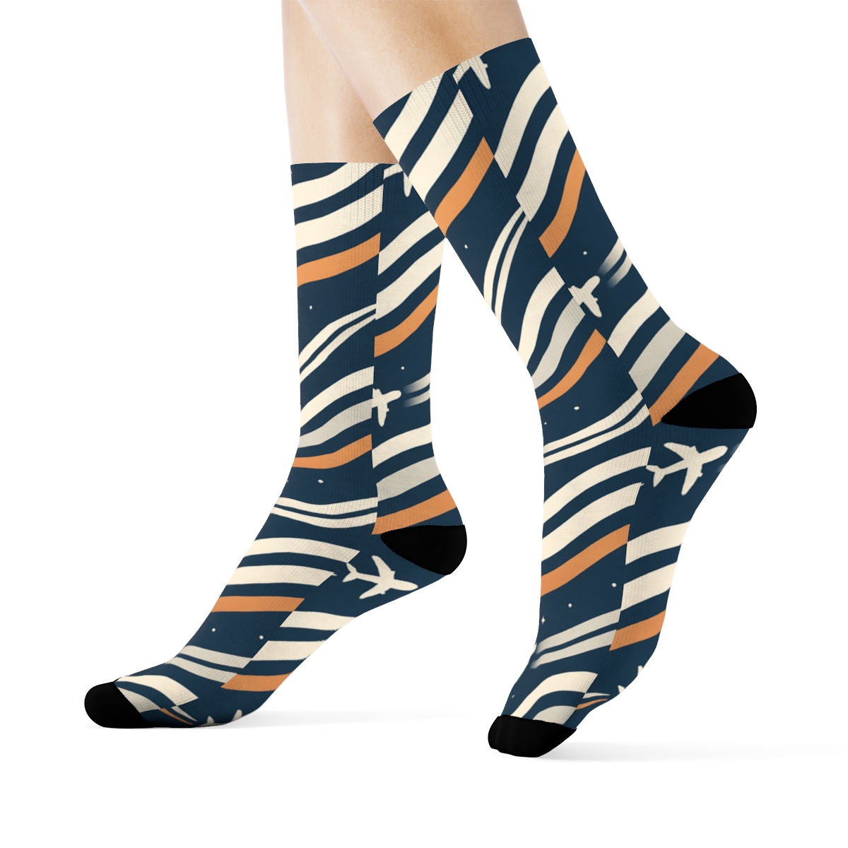 Contrail Ribbons With Airplane Icons designer printed crew socks