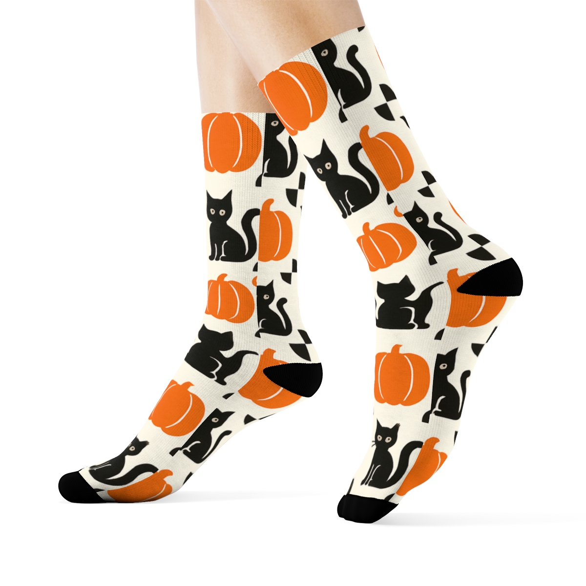 Black Cat And Pumpkin Checkerboard On White Background comfortable cotton crew socks