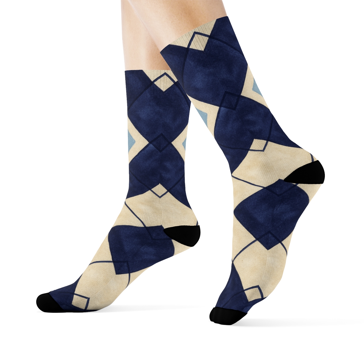 Indigo Diamond Check Gradient Tiles On Warm Ivory premium sports crew socks