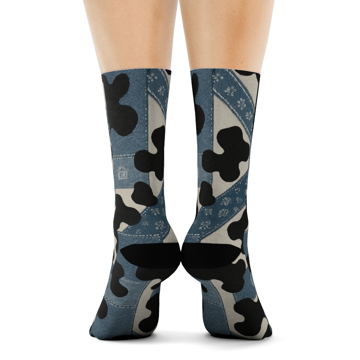 Denim Patchwork Cow Spot Overlay stylish athletic crew socks