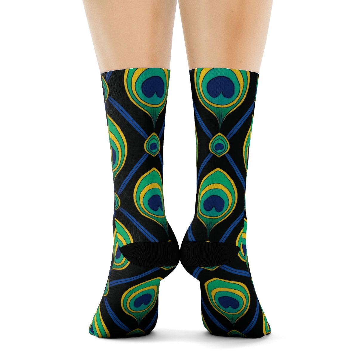 Peacock Tail Eye Lattice On Black Background comfortable cotton crew socks