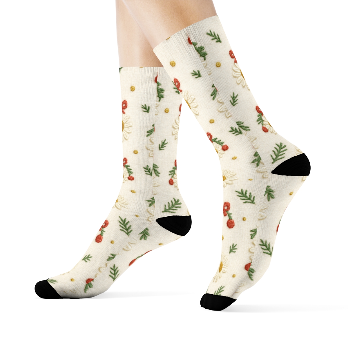 Embroidered Holly Wreath Daisies Scatter On Warm Ivory Background comfortable cotton crew socks
