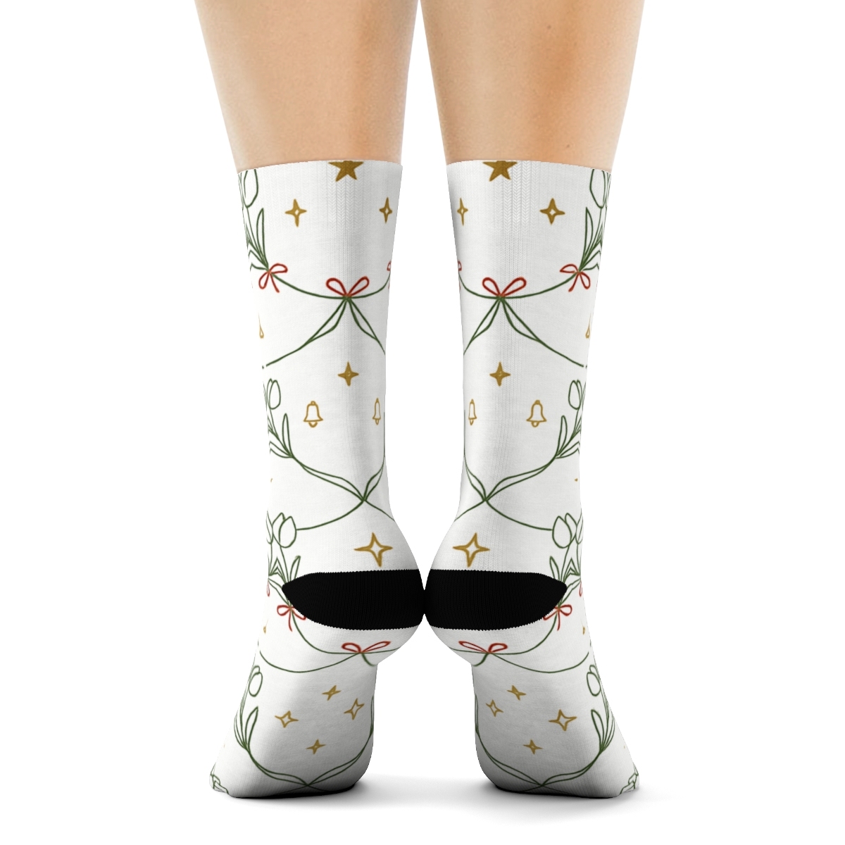 Ivory Line Art Tulip Garland Grid On Snow White Background comfortable cotton crew socks
