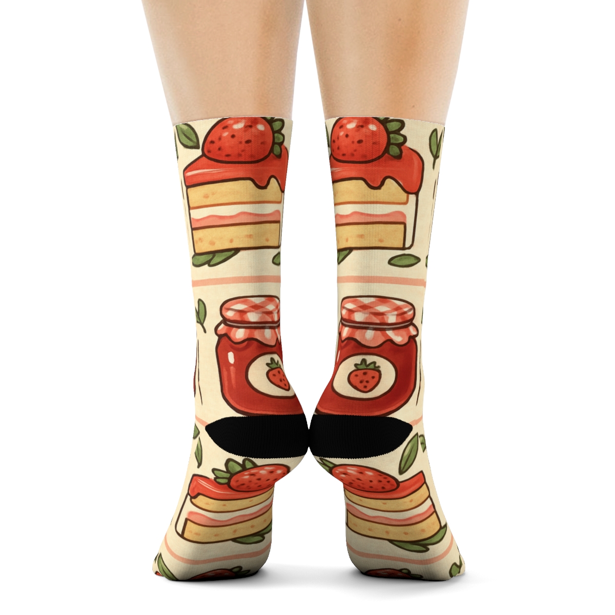 Strawberry Jam Jar Stripe Repeat On Cream Gingham comfortable cotton crew socks